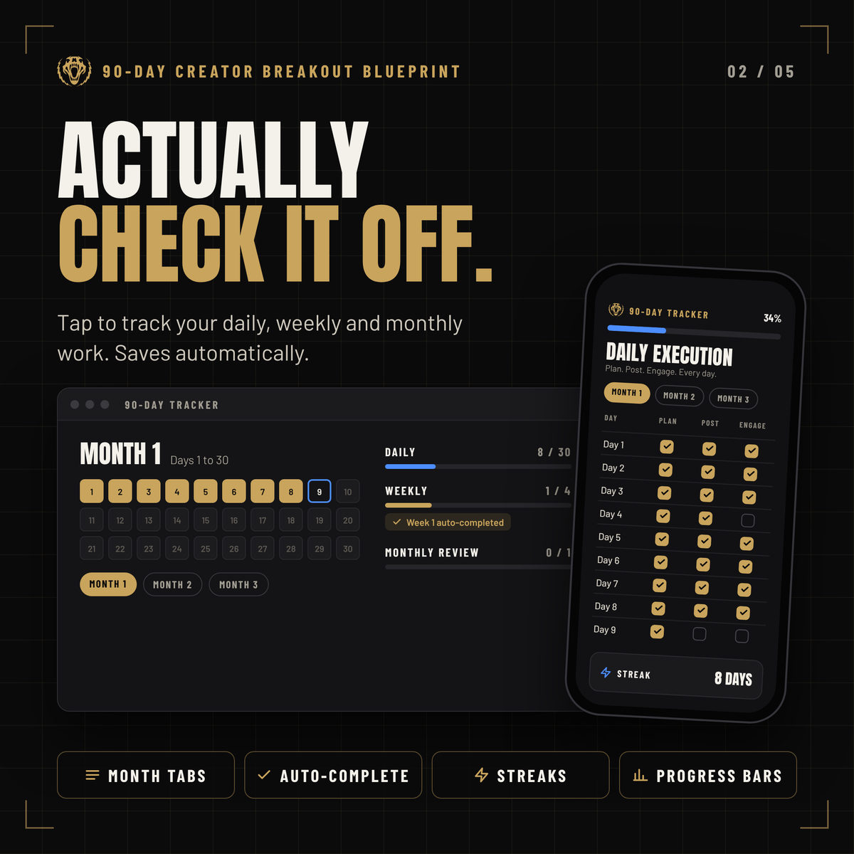 Interactive 90-day tracker on desktop and phone with month tabs, streaks and progress bars