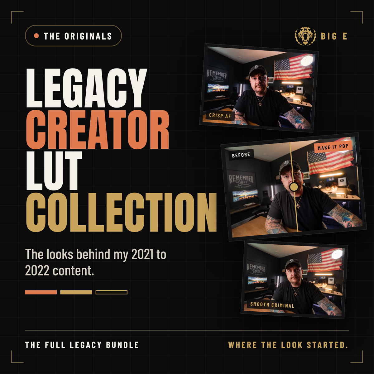Big E Legacy Creator LUT Collection cover with before and after color grades