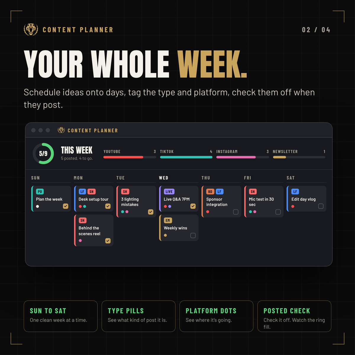 Weekly calendar view of the Big E Content Planner