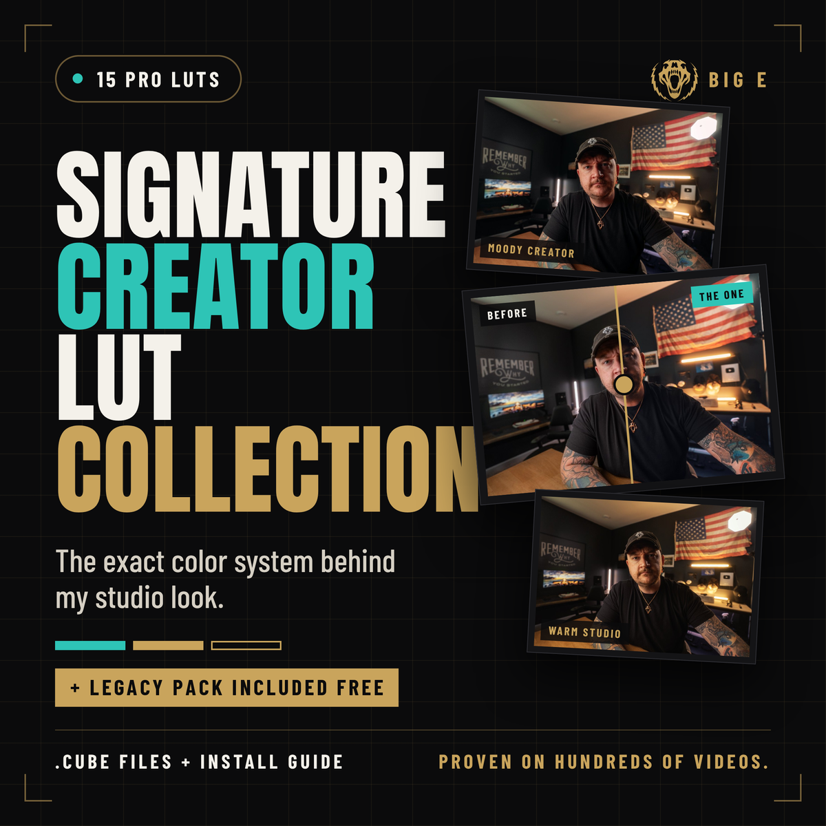 Big E Signature Creator LUT Collection cover: 15 pro LUTs with the Legacy pack included free