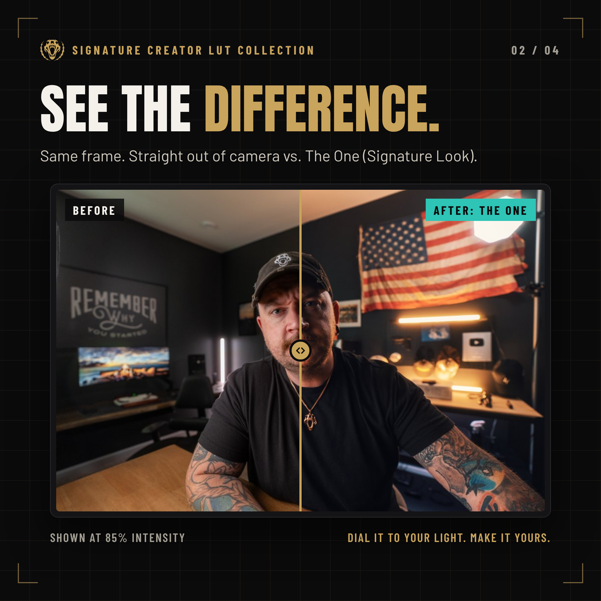 Before and after: ungraded studio shot vs The One signature LUT