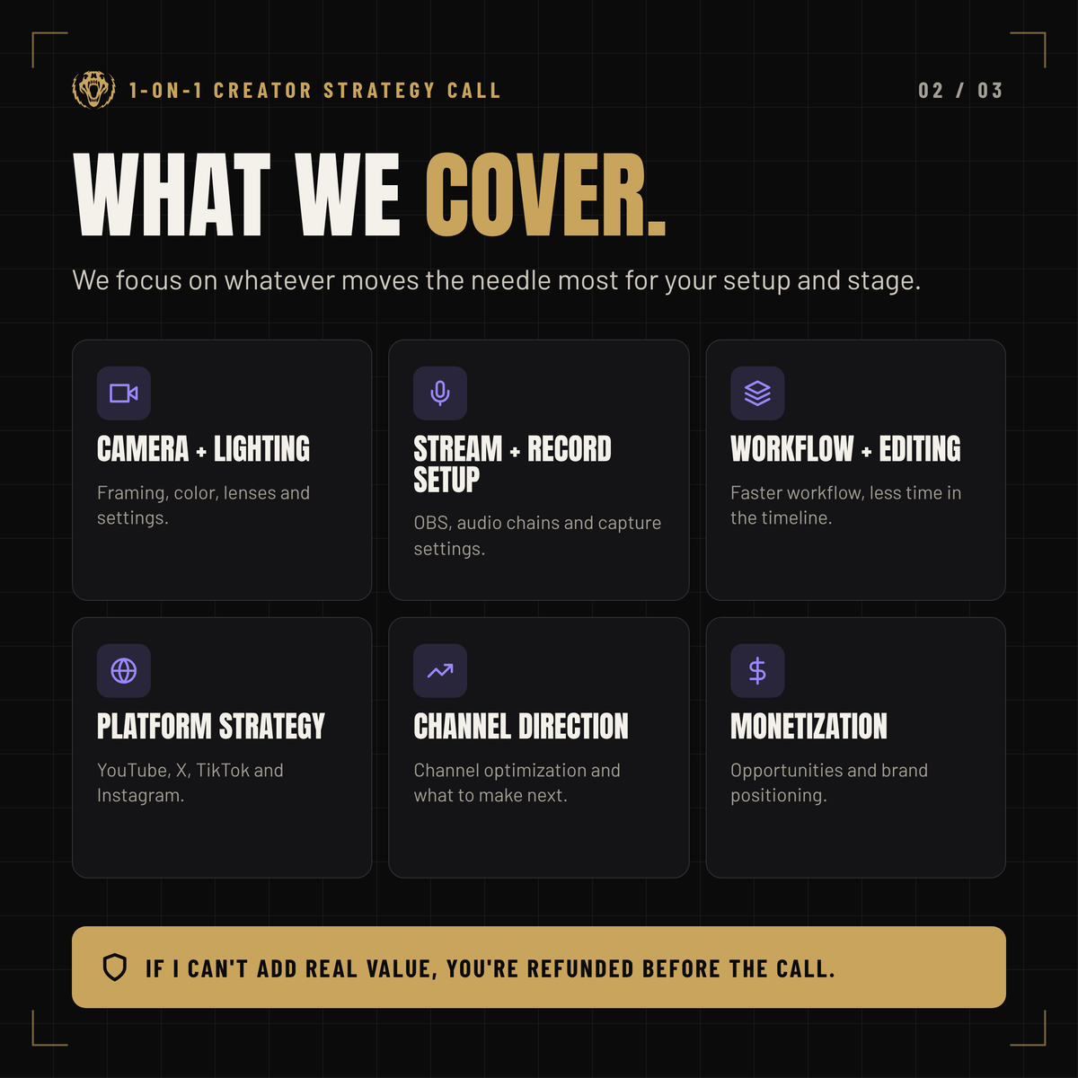 What we cover: camera and lighting, stream setup, workflow, platform strategy, channel direction, monetization
