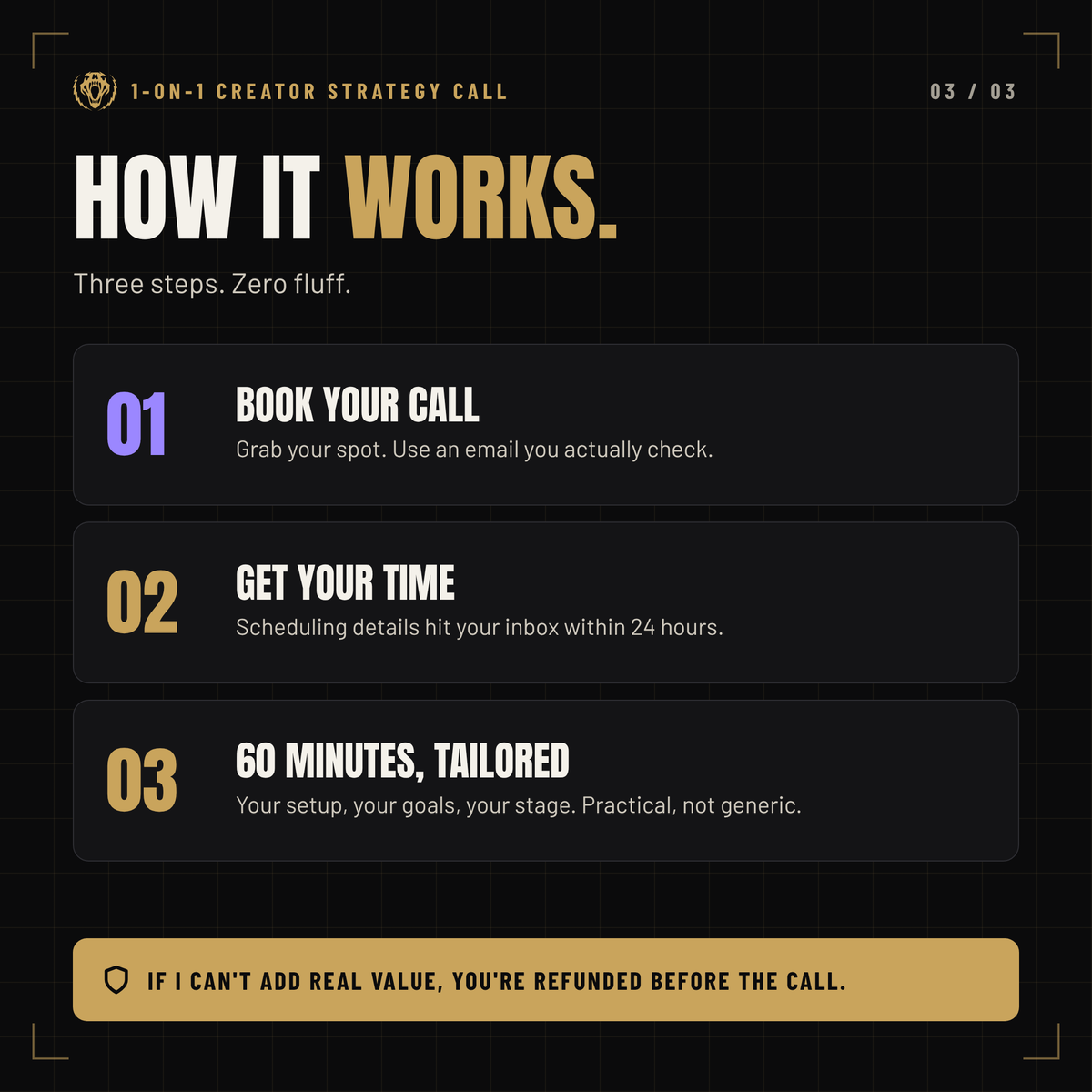 How the strategy call works: book, get your time within 24 hours, 60 tailored minutes