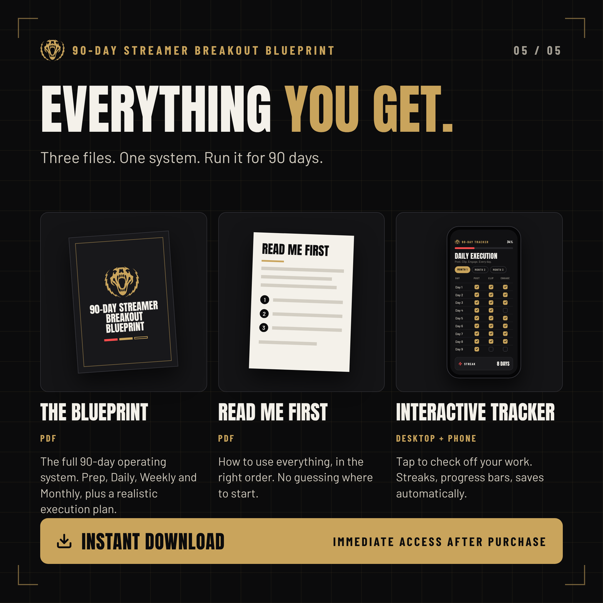Everything included in the Streamer Blueprint: PDF, Read Me First and Interactive Tracker