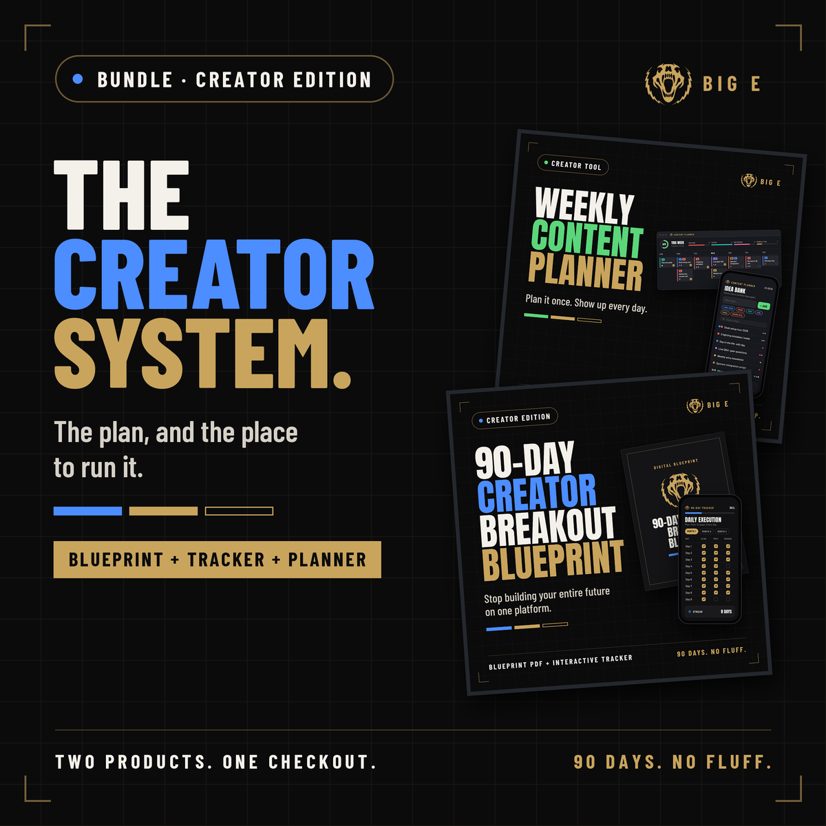 The Creator System cover: 90-Day Creator Breakout Blueprint plus the Big E Content Planner