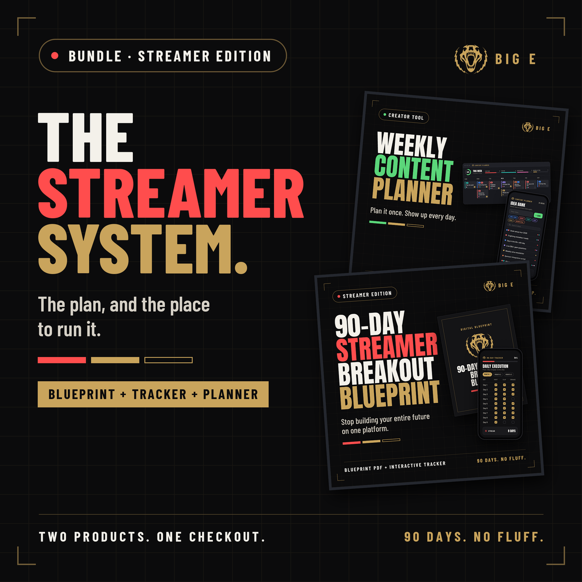 The Streamer System cover: 90-Day Streamer Breakout Blueprint plus the Big E Content Planner